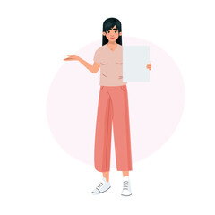 Female character with long hair, pink pants, showing empty sign, stylish minimal vector art for presentations
