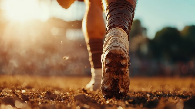 A close-up of a runner's foot striking the muddy ground, symbolizing athleticism and the relentless pursuit of endurance and strength during an inspiring sunset backdrop.