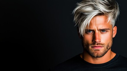 Fototapeta premium A striking portrait of a man with striking silver hair and piercing blue eyes, embodying confidence and style against a dark backdrop, suggesting intrigue and personal strength.