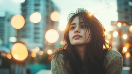 A young woman with long dark hair looks pensively at the sunset, bathed in soft light with a dreamy expression, depicting contemplation and the beauty of life's fleeting moments.