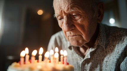An elderly man gazes thoughtfully at a birthday cake adorned with candles, reflecting on life’s moments, evoking feelings of nostalgia, wisdom, and the passage of time.