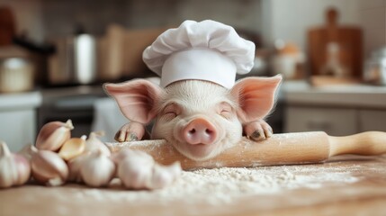 This cute pig chef, wearing a traditional chef's hat, rests on a kitchen counter surrounded by ingredients, symbolizing culinary joy, creativity, and love for cooking, perfect for food enthusiasts.