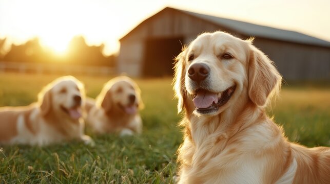 A joyful Golden Retriever stands front and center in a picturesque field, radiating happiness and loyalty amidst brown and golden tones of a serene sunset backdrop.