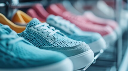 A vibrant array of colorful sneakers showcases a blend of fashion and style, emphasizing the playful nature of modern footwear in a retail environment.