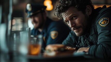 A police officer leans thoughtfully at a bar counter, exuding a combination of focus and intensity while enjoying a moment of relaxation amidst a busy atmosphere.