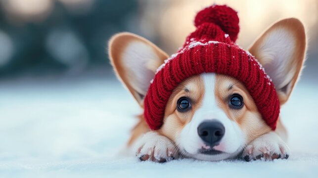 A charming image of a corgi, adorned in a cozy red knit hat, lying in the snow, perfectly embodying warmth, cuteness, and the joys of winter exploration and playfulness.