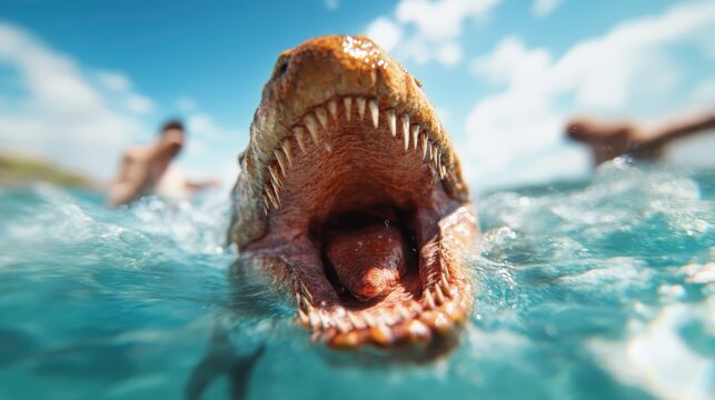 A dramatic scene of a dinosaur's fierce head breaking through the ocean water, capturing a sense of thrill and danger as it interacts with surprised beachgoers in the water.