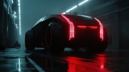 A striking futuristic vehicle with bold neon lighting reflects through the misty atmosphere, showcasing an innovative design in a soaked urban setting, ideal for technology themes.