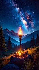 Night campfire with starry mountains.