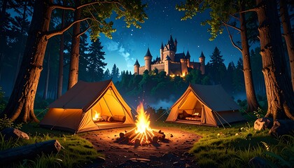 Night Campfire with Forest Castle View.