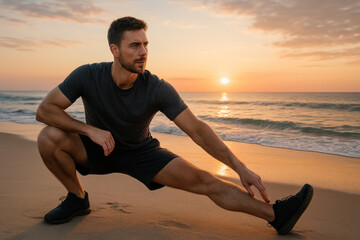 Man stretching on beach at sunset. Photo