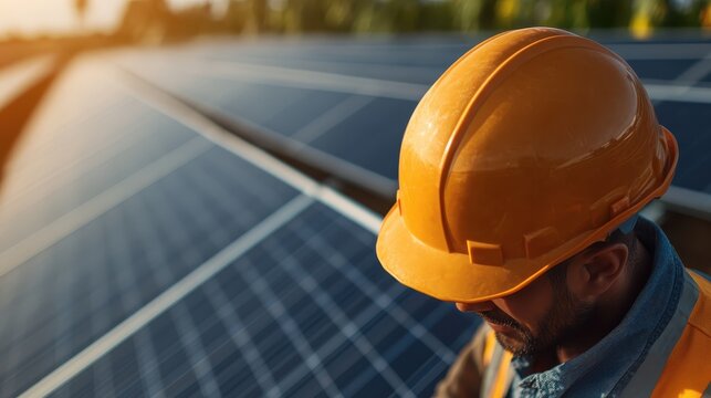 A focused technician wearing an orange hard hat examines solar panels under bright sunlight, emphasizing the importance of renewable energy and sustainability in modern work. - Powered by Adobe