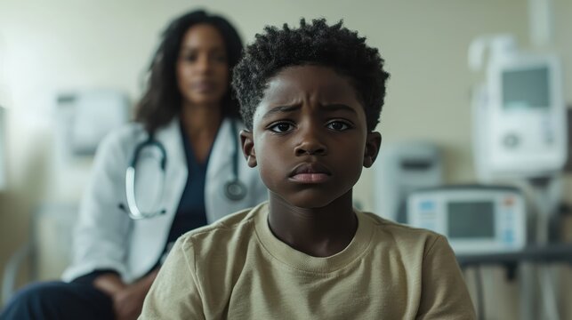 A concerned child sits in a clinic, expressing worry, with a doctor providing support in the background, highlighting the importance of empathy and care in healthcare settings.