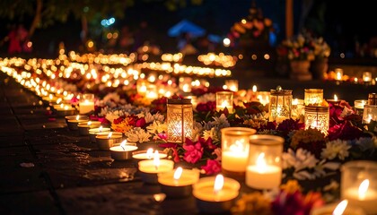 Night candles with flowers, and temple path.