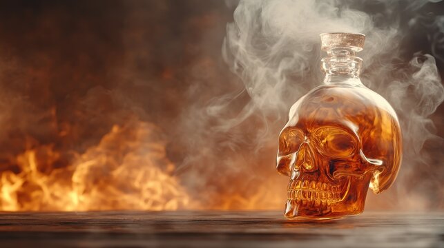 A captivating skull-shaped glass bottle filled with amber liquid sits amidst swirling smoke and flames, creating a mysterious and dramatic atmosphere evoking curiosity and allure. - Powered by Adobe