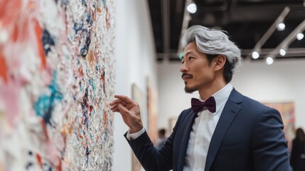 A distinguished man in formal attire thoughtfully observing an abstract artwork in a gallery, highlighting an appreciation for fine art and culture.