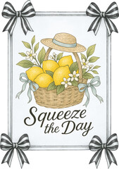 Vintage basket of lemons with a straw hat and “Squeeze the Day” quote—ideal for farmhouse summer prints, wall art, and uplifting apparel designs.