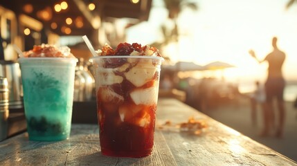 A vivid sunset backdrop highlighting two refreshing beverages, one garnished with ice and fruit, exuding a tropical vibe ideal for summer gatherings and relaxation.