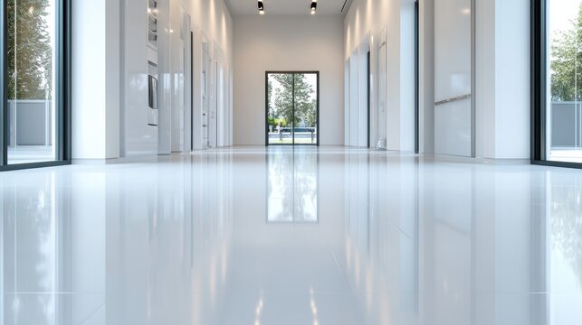 A sleek and minimalistic hallway showcases a bright, polished floor reflecting the clean lines and modern design elements, promoting a sense of clarity and spaciousness.