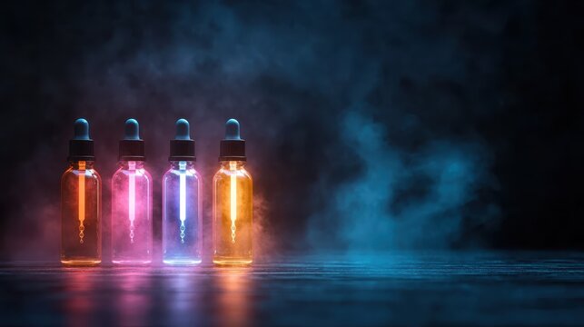 Four glass bottles filled with colorful liquids illuminated by a soft glow and smoke, creating an intriguing and mysterious atmosphere suitable for artistic concepts.