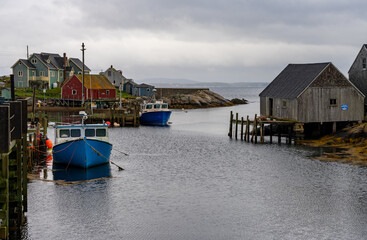 Rain keeps tourists away from the harbour of Peggys Cove near Halifax in Nova Scotia, Canada