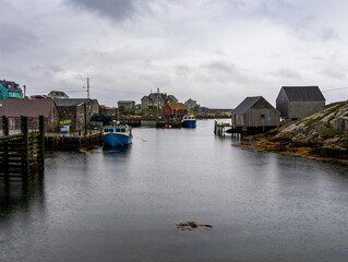 Rain keeps tourists away from the harbour of Peggys Cove near Halifax in Nova Scotia, Canada
