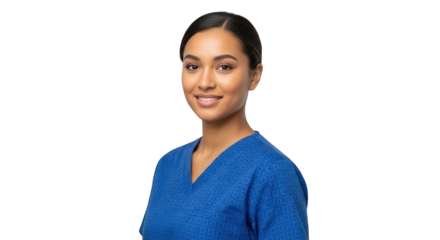 Portrait of smiling female nurse in blue scrubs professional medical healthcare worker isolated on black on transparent background