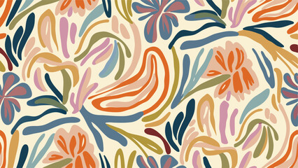 An abstract floral pattern with curved shapes and flowers in various colors on a cream background © CREATIVE CRUSADER