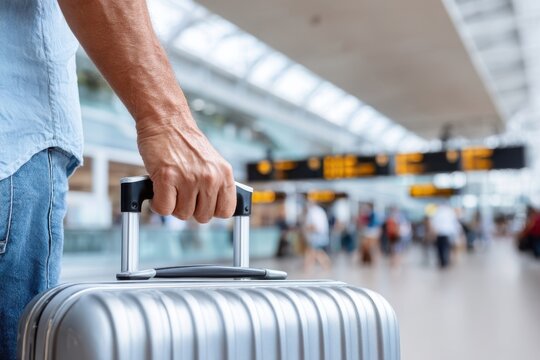 Man holds suitcase handle at the airport, blurred background shows airport terminal.