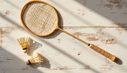 Vintage badminton racket and shuttlecocks on wooden surface  