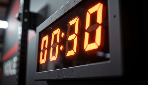 Digital countdown timer displaying thirty seconds in gym setting  
