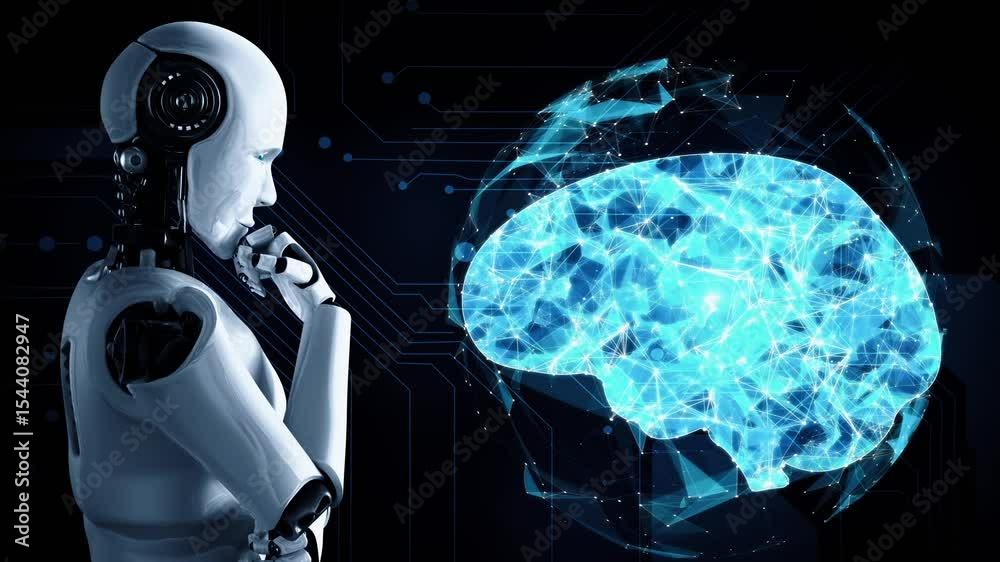 Poster thinking ai hominoid robot analyzing hologram screen showing concept of ai brain and artificial inte