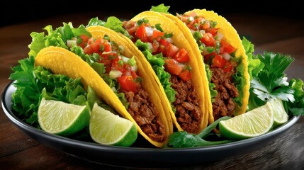 Freshly prepared beef tacos with lettuce tomato topping served with lime wedges on a black plate