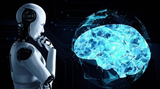Thinking AI hominoid robot analyzing hologram screen showing concept of AI brain and artificial intelligence thinking by machine learning process. 3D rendering.