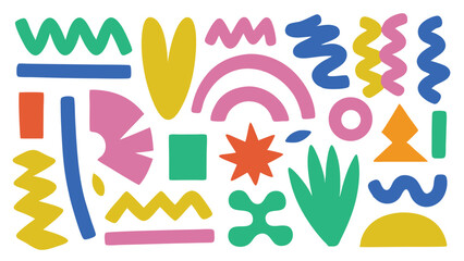 Colorful abstract shapes composition featuring geometric and organic forms scattered on a white background