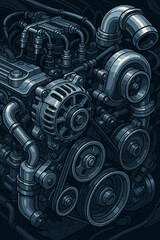 Powerful car engine vector illustration. Intricate close-up of an automobile motor with metallic parts, turbo, alternator, and belts. Mechanical engineering or industrial technology concept.
