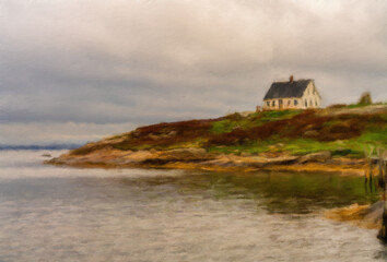 Digital art of a solitary cottage overlooks the harbour of Peggys Cove near Halifax in Nova Scotia,...