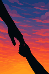 Parent and Child Hands Silhouette, Emotional Bonding, Supportive Relationship, Family Love Concept, Vibrant Sunset Sky Background, Vector Illustration for Parenting, Care and Connection