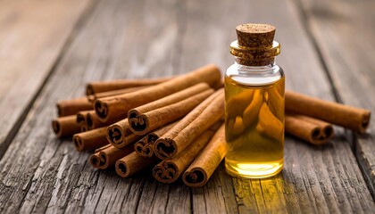 Cinnamon oil and sticks on wood.