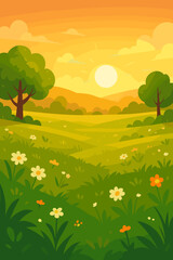 Obraz premium Serene meadow landscape at sunset with golden sunlight, rolling green hills, wildflowers in bloom, and trees, peaceful nature vector illustration, tranquil countryside evening scene