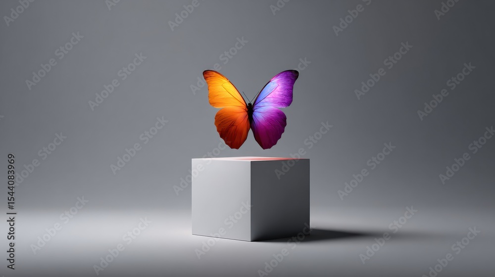 Poster Transformation of a Butterfly Emerging From a Cube Symbolizes Growth and Change in a Minimalistic Setting