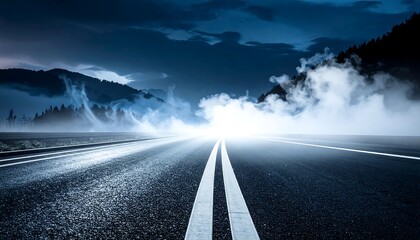 Night road with fog, and mountain view.