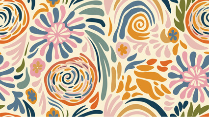 Colorful floral pattern with abstract shapes and swirls on a cream background creating a vibrant design