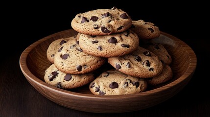 A Stack of Delicious Chocolate Chip Cookies in a Wooden Bowl