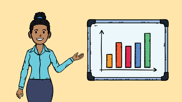 Businesswoman standing at flipchart and presenting data. There is a bar graph on the flipchart. Hand drawn vector graphic in cartoon style. Graphic with black comic outline.