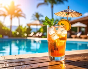Cinematic close-up of water droplets running down a cold drink by the pool