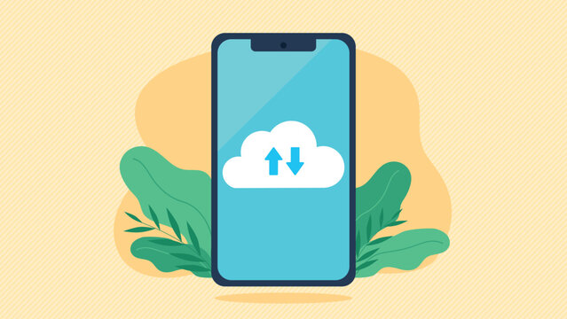 Cloud with transferred data on mobile screen. Cloud has data sending and receiving arrows. Vector graphics in flat design style. Online connection and data storage in the cloud.