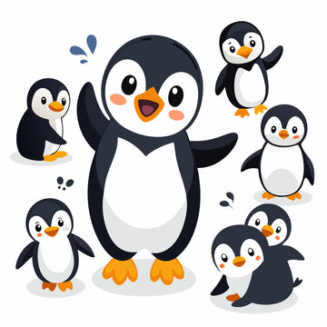 Naklejki Penguin Vector Set Cute Cartoon Penguins Isolated on White