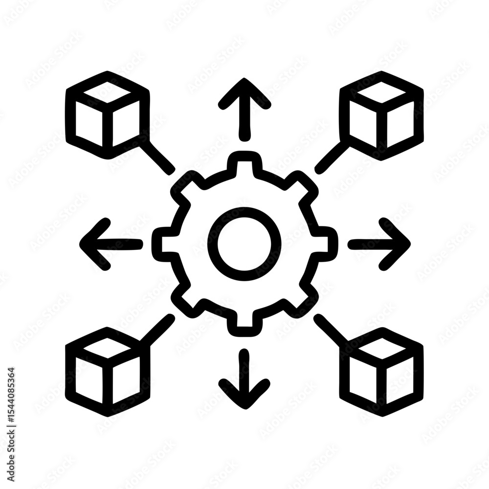 Poster Decentralized system icon for blockchain technology and distributed network with gear and cube nodes