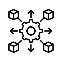 Decentralized system icon for blockchain technology and distributed network with gear and cube nodes
